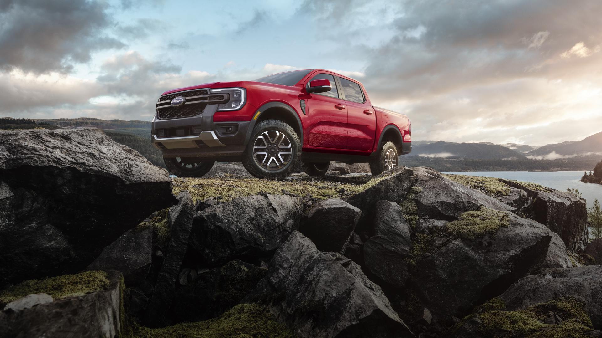 A 2025 Ford Ranger® parked on a rocky hill with the North American Truck of the Year™ award 