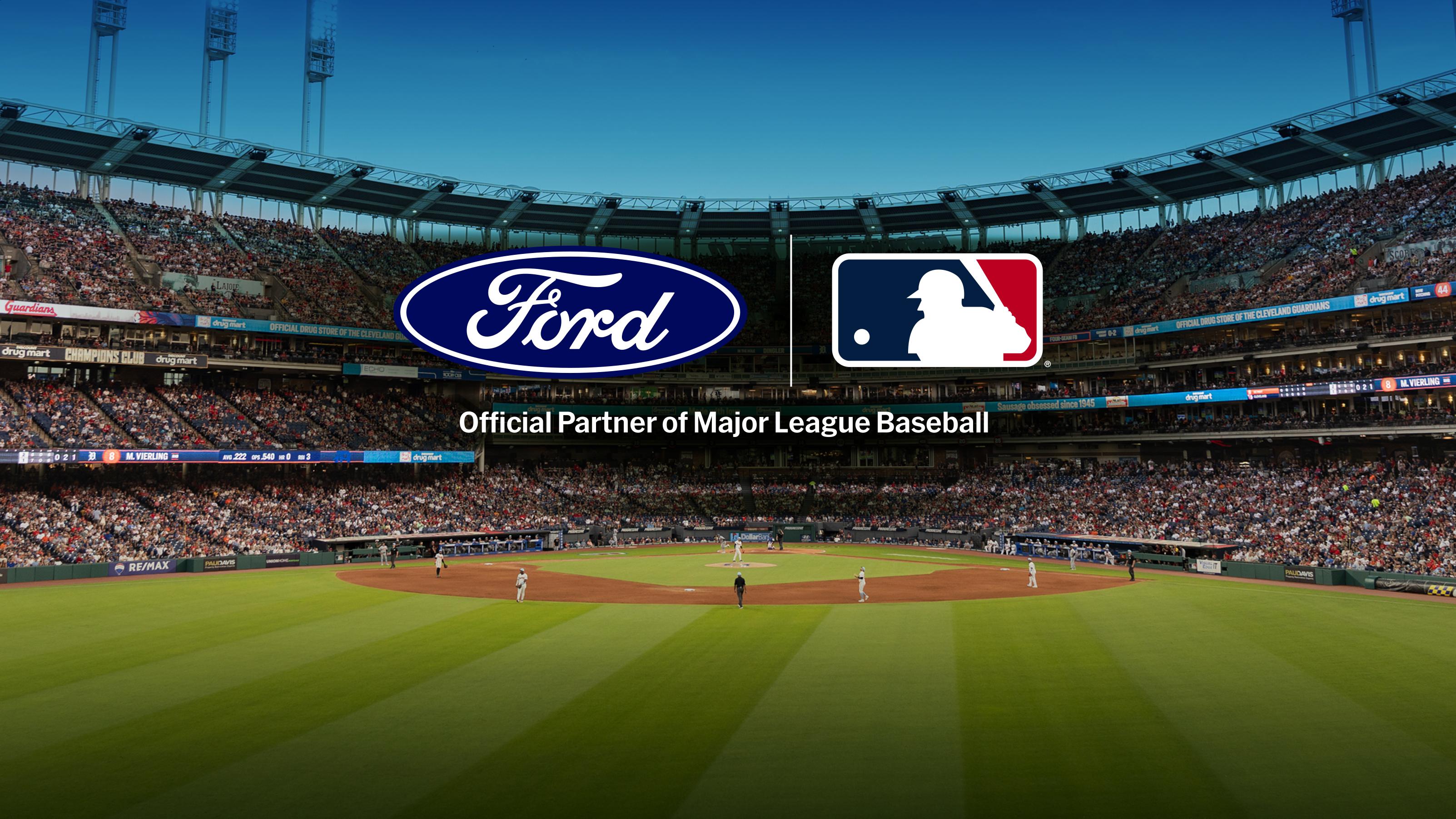 Ford and MLB partnership announcement overlayed on a baseball stadium