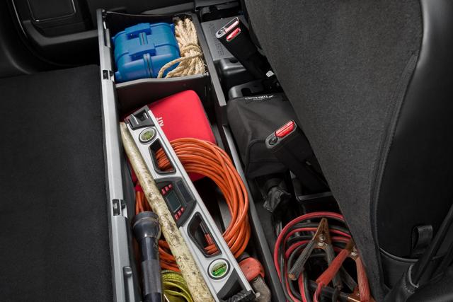 Inside a 2025 Ford Super Duty® showing the under seat storage
