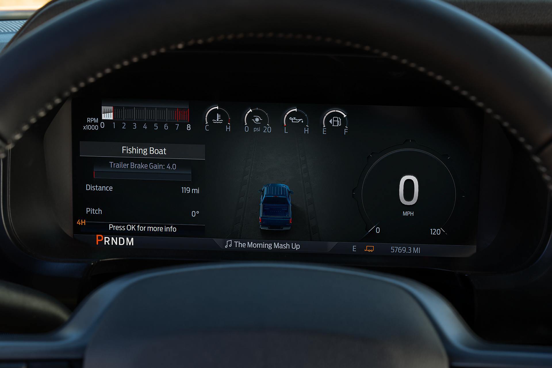 Close-up of the digital instrument cluster display highlighting the Smart Trailer Tow Connector feature