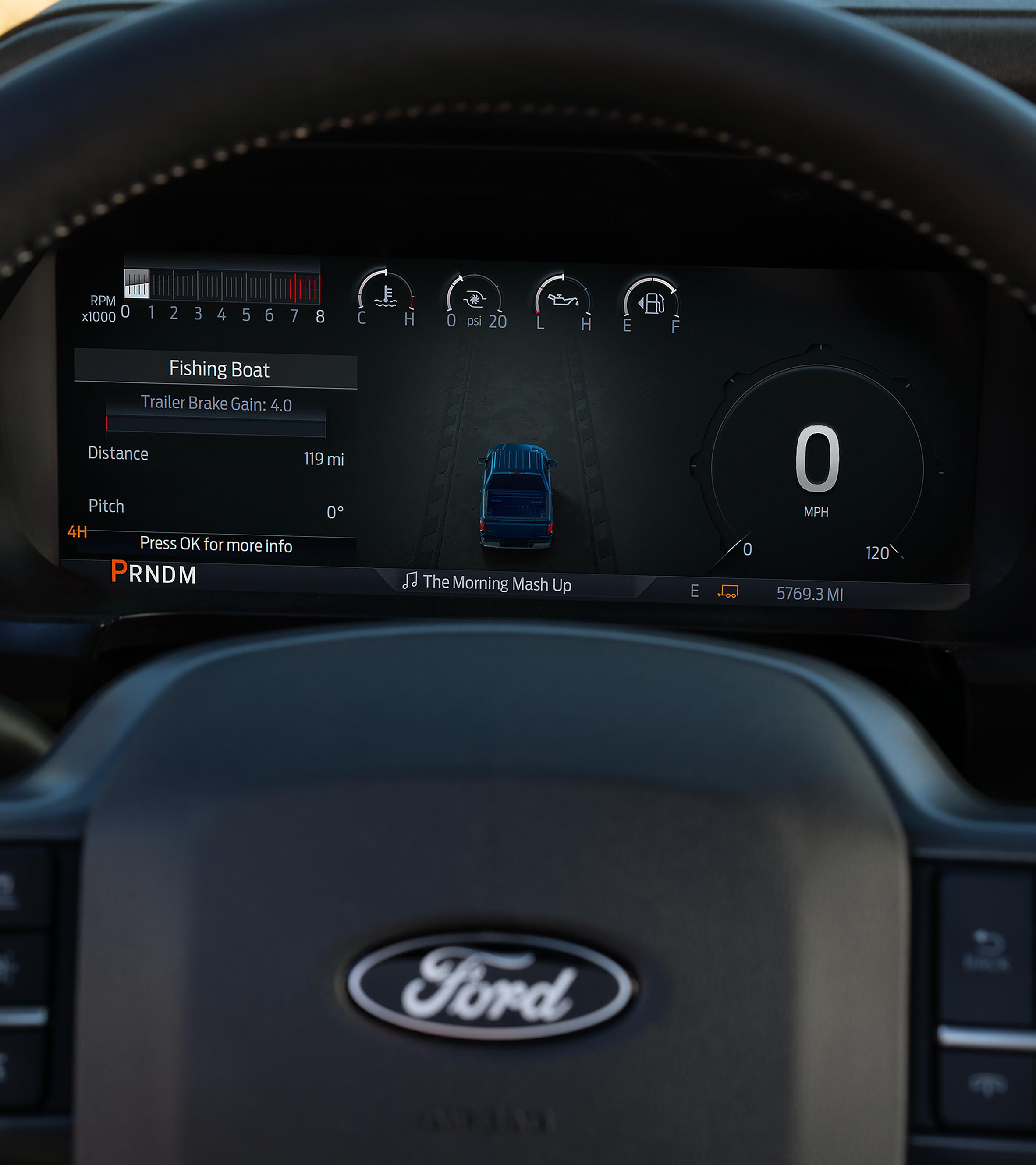 Close-up of the digital instrument cluster display highlighting the Smart Trailer Tow Connector feature
