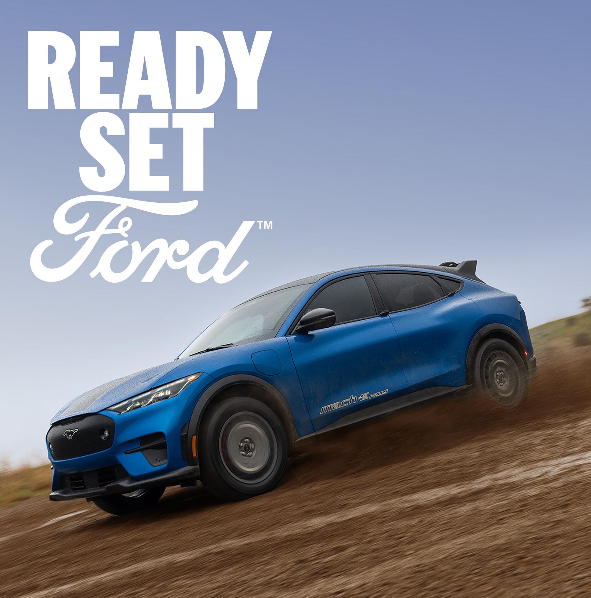 Angled view of a 2026 Ford Mustang Mach-E® GT model with the words Ready, Set, Ford