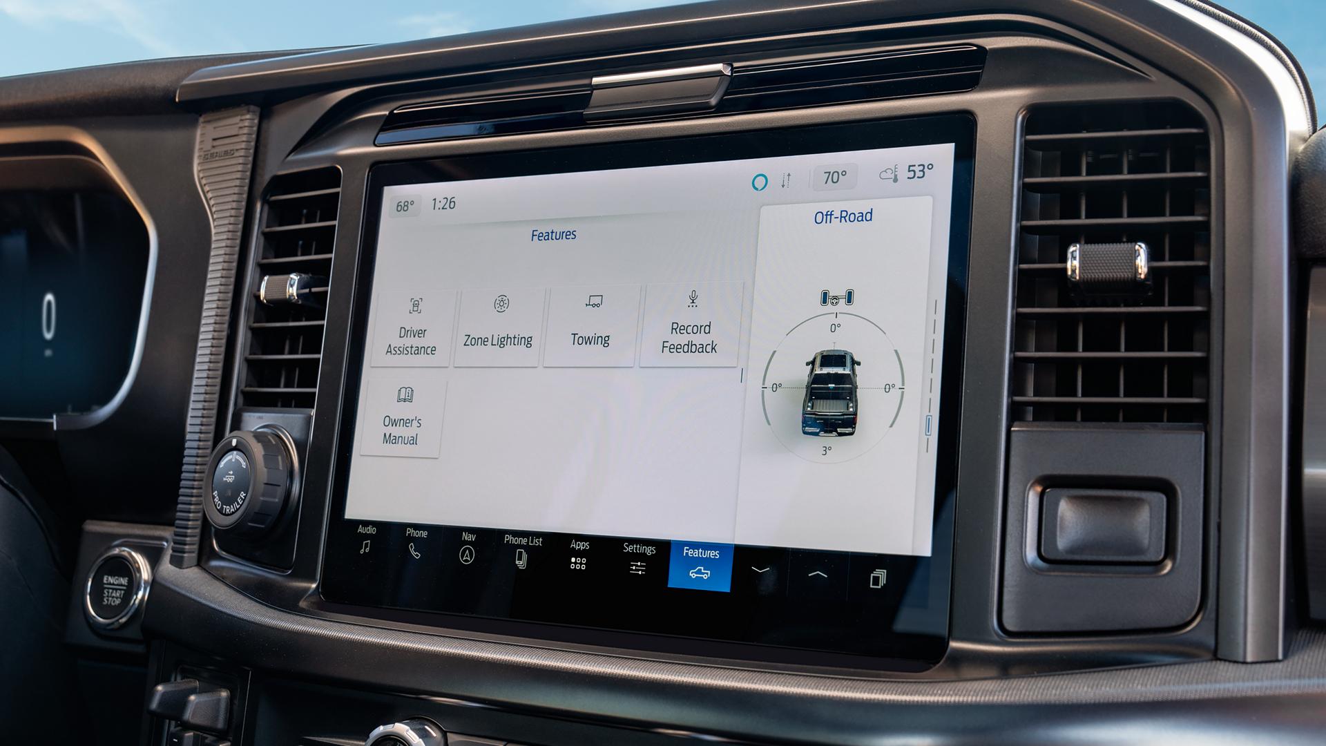 Close-up of the 12-inch center display of a 2026 Ford F-150® pickup