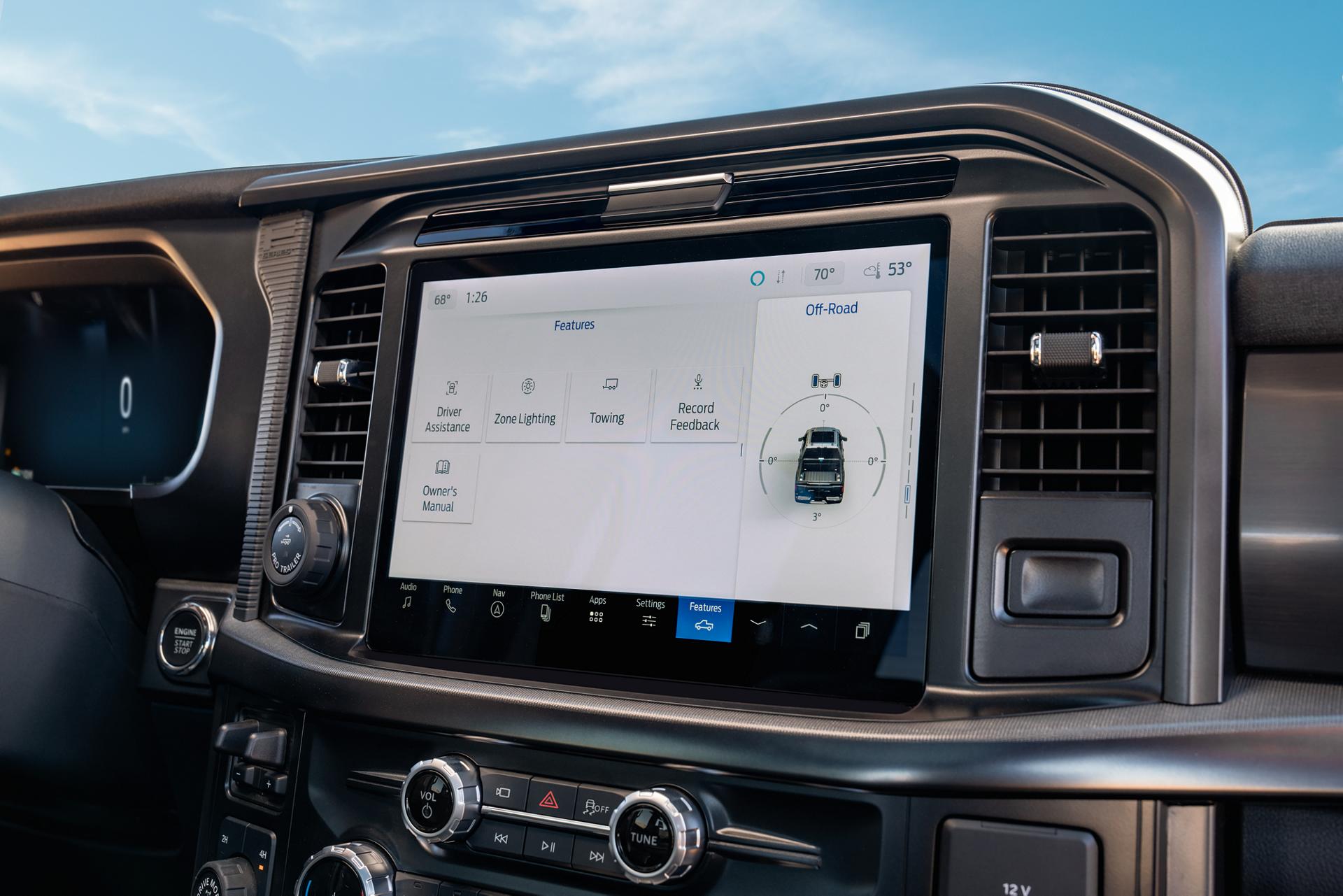 Close-up of the 12-inch center display of a 2026 Ford F-150® pickup