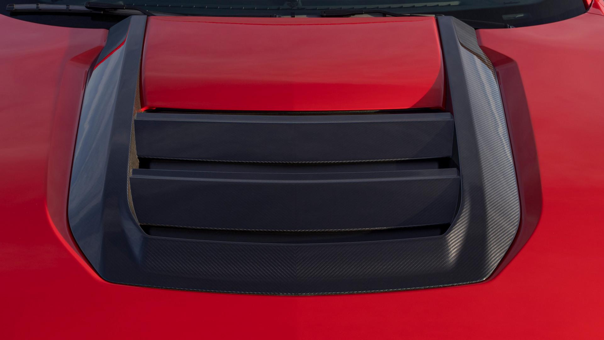 Aluminum hood of a 2026 Ford Mustang Dark Horse® SC with optional equipment shown