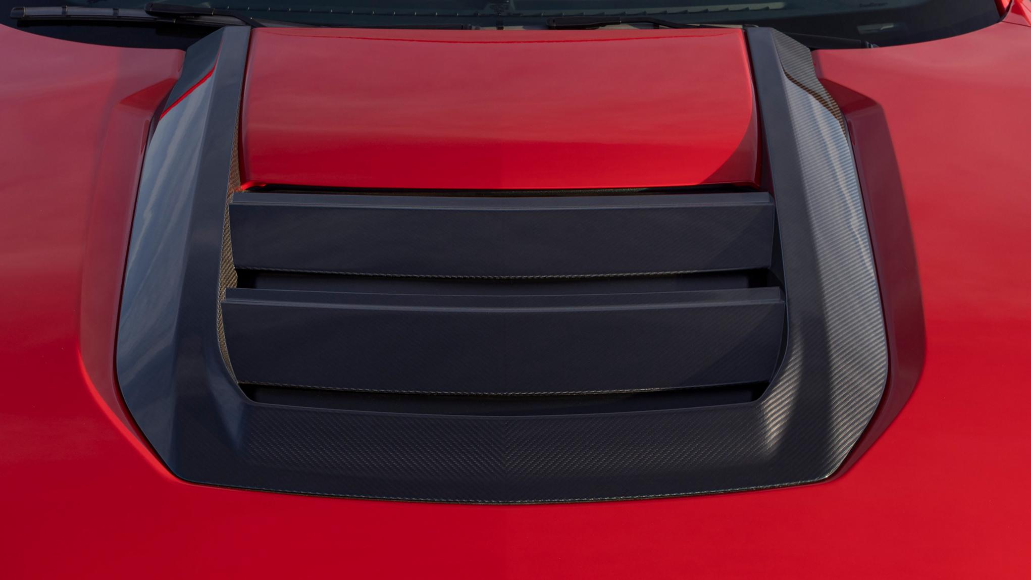 Aluminum hood of a 2026 Ford Mustang Dark Horse® SC with optional equipment shown