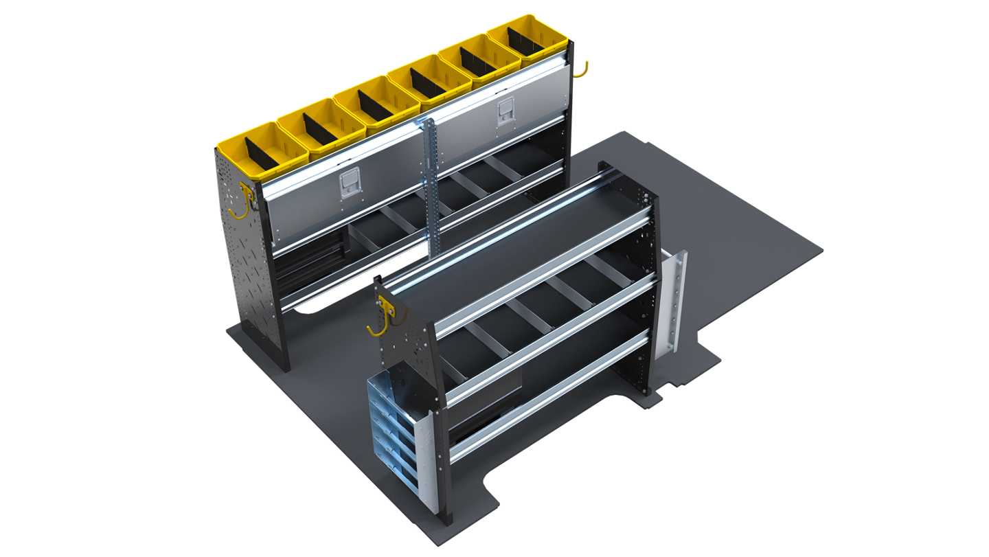 Available trade shelving package for electricians, designed specifically to fit the 2025 Ford E-Transit™ van rear footprint