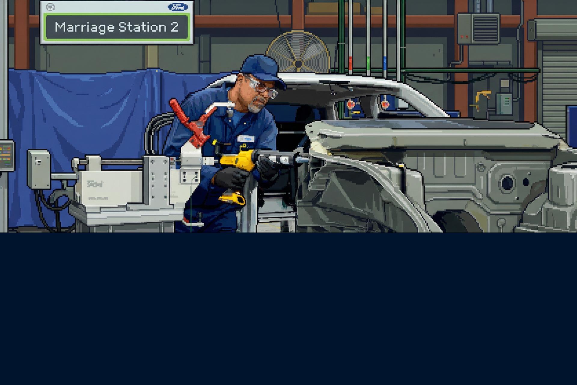 Universal EV platform team member Mark Gentry working on the factory floor at Marriage Station 2