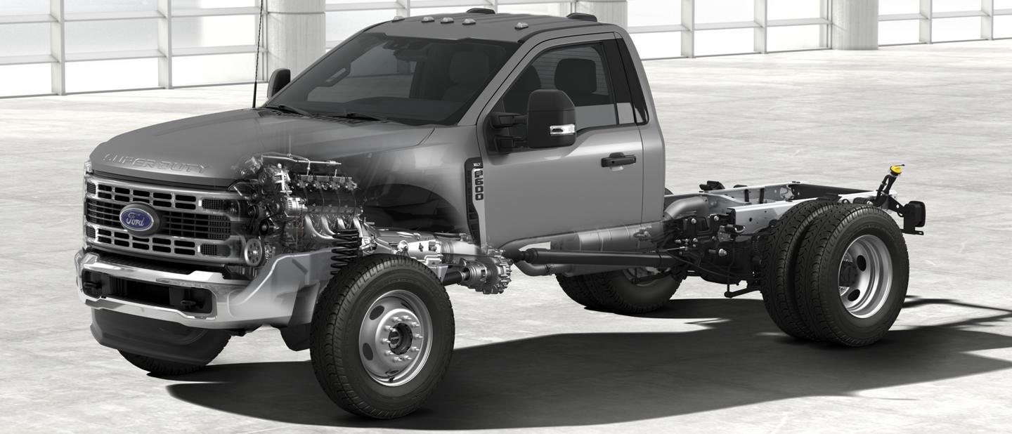 Cutaway illustration of a 2025 Ford Super Duty® F-600® XLT showing engine and drivetrain