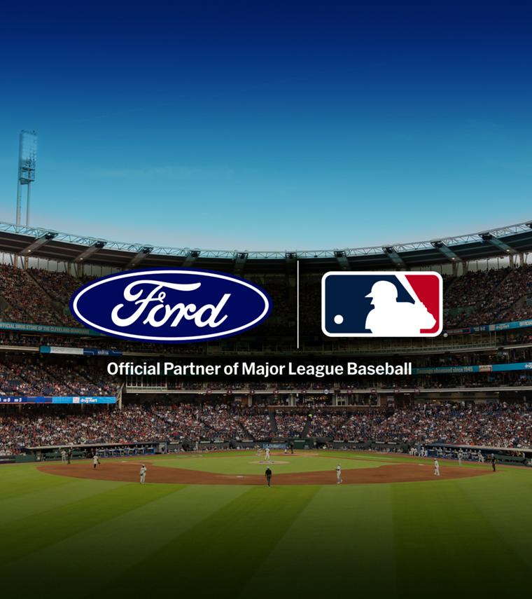 Ford and MLB partnership announcement overlayed on a baseball stadium