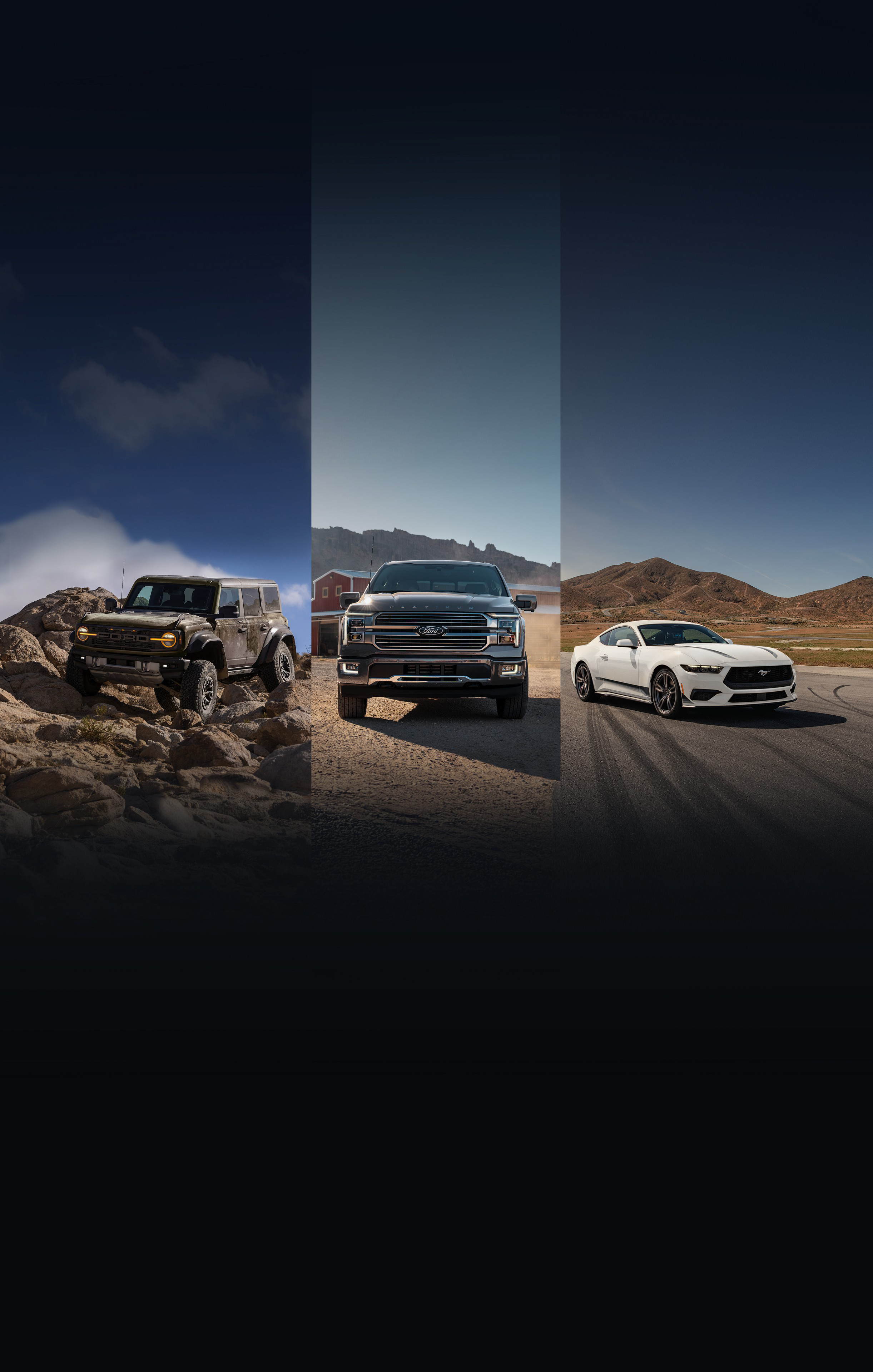 Three Ford vehicles: one off-roading, one at a farm, and one on a track.