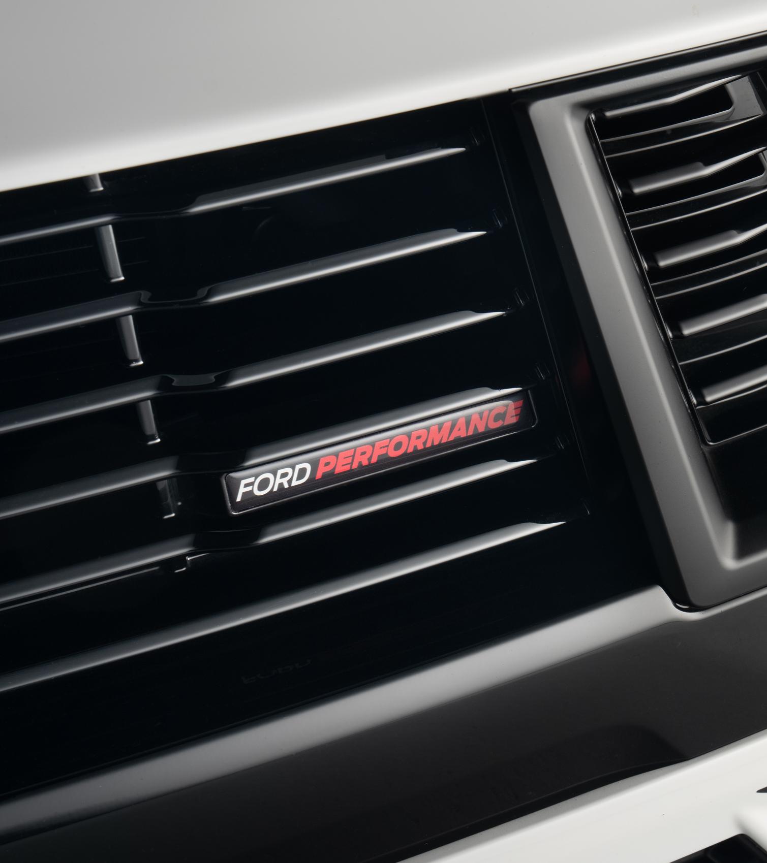 Close-up of the Ford Performance badge on the front grille