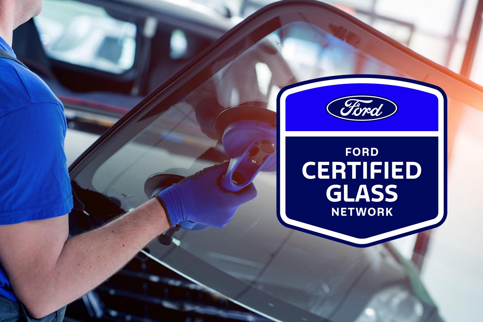 Ford Certified Glass Network logo over person replacing windshield