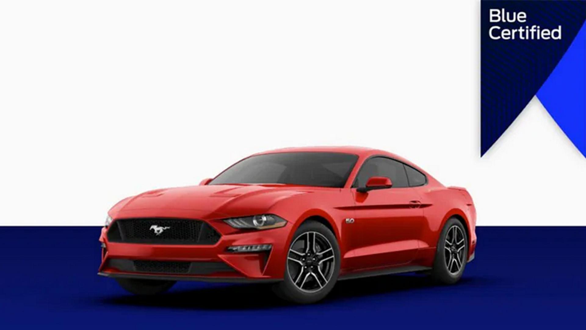 A Ford Mustang® coupe with the Blue Certified badge