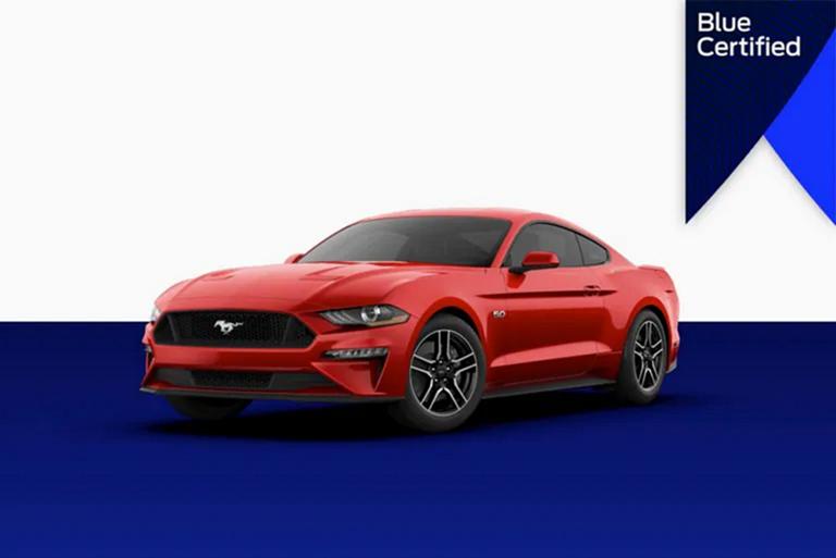 A Ford Mustang coupe with the Blue Certified badge
