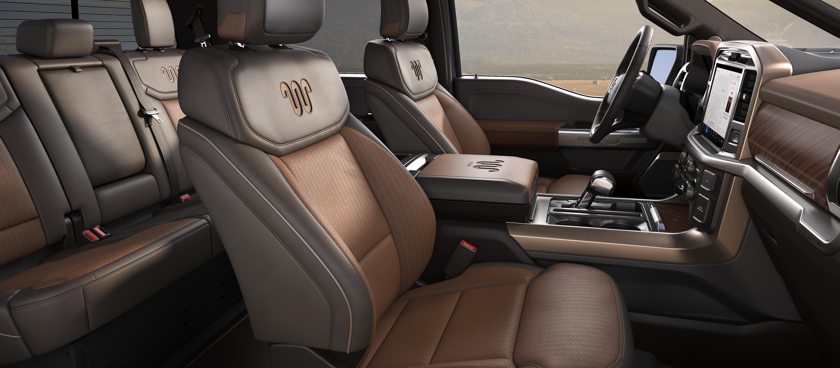 Interior of a 2027 Ford F-150® King Ranch® model with the Java color leather-trimmed seats