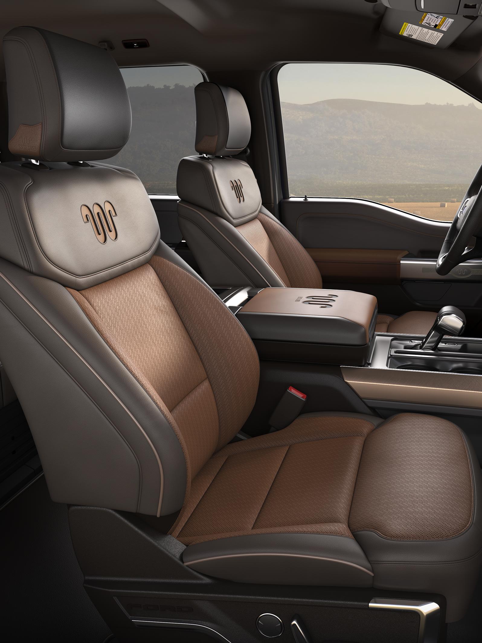 Interior of a 2027 Ford F-150® King Ranch® model with the Java color leather-trimmed seats