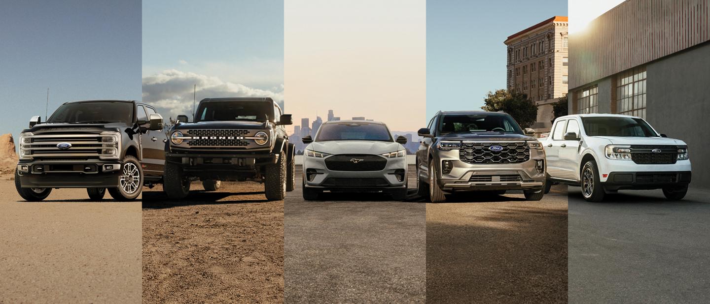 A pack shot of Ford vehicles including Super Duty®, Bronco®, Mustang Mach-E®, Explorer®, and Maverick®