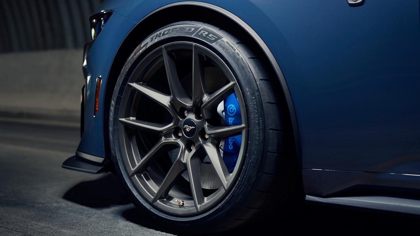 2026 Ford Mustang Dark Horse® wheel with available Notorious Blue Brembo™ brake caliper