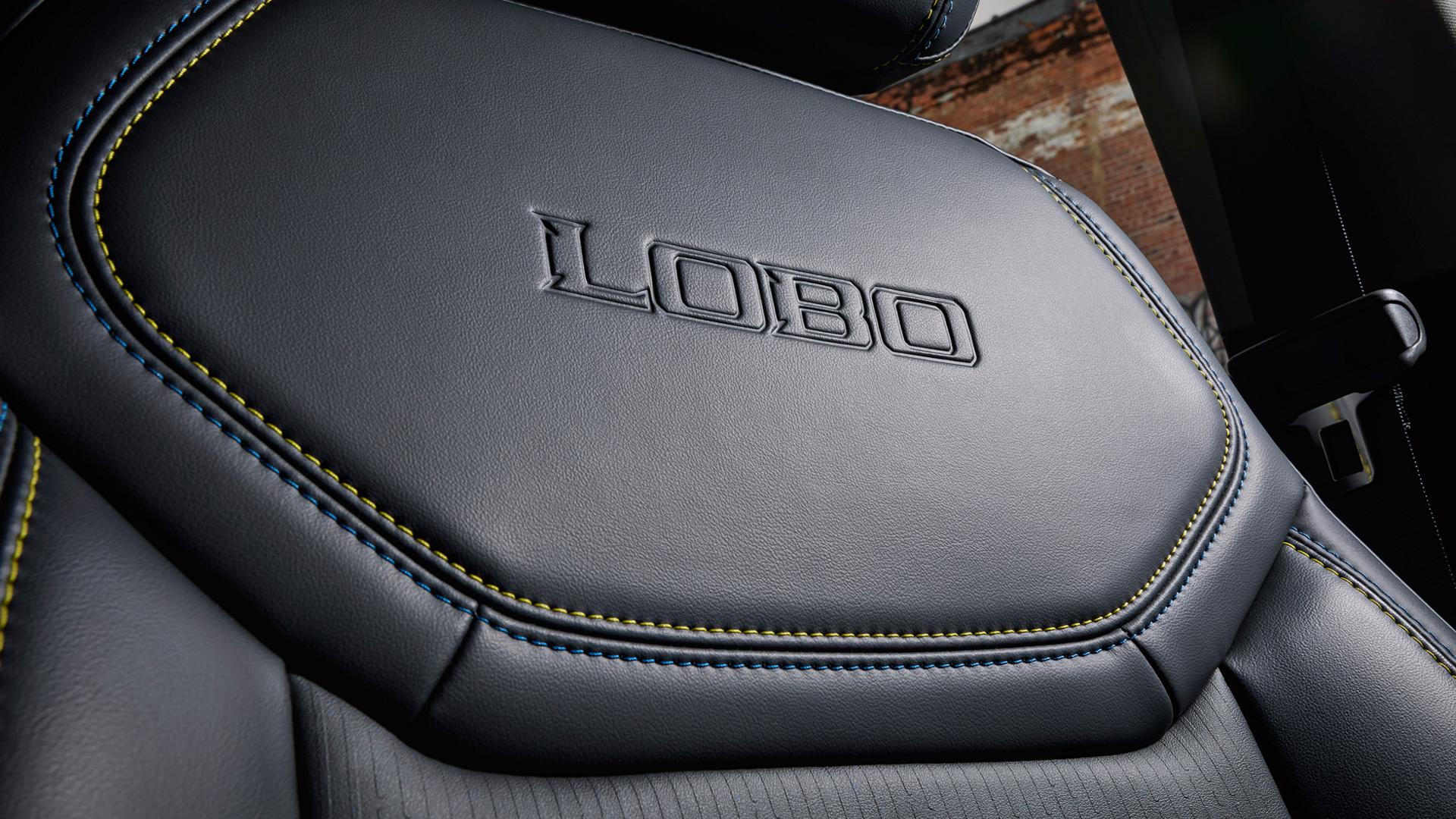 Close-up of a 2026 Ford Maverick Lobo™ seat back showing the embossed logo