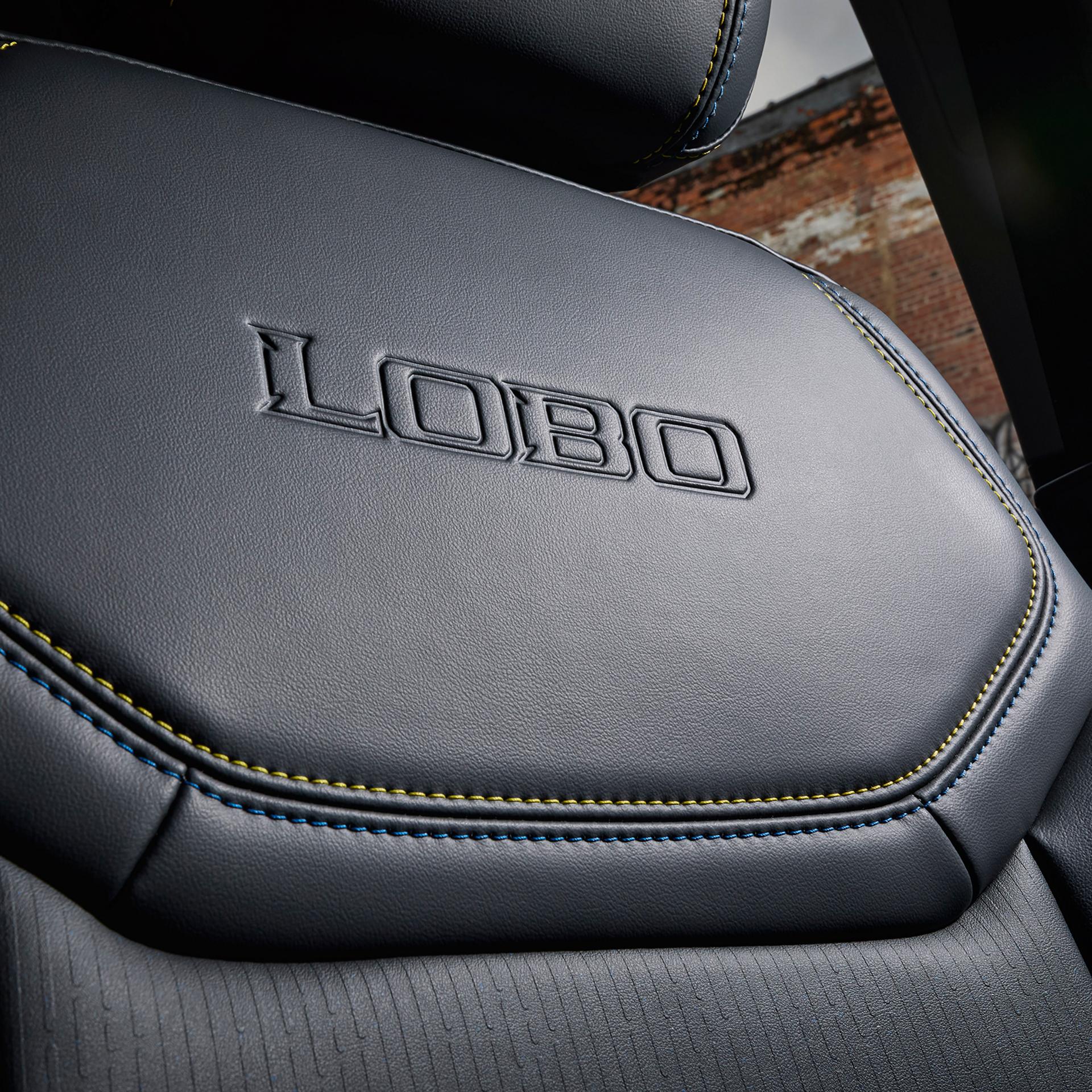 Close-up of a 2026 Ford Maverick Lobo™ seat back showing the embossed logo