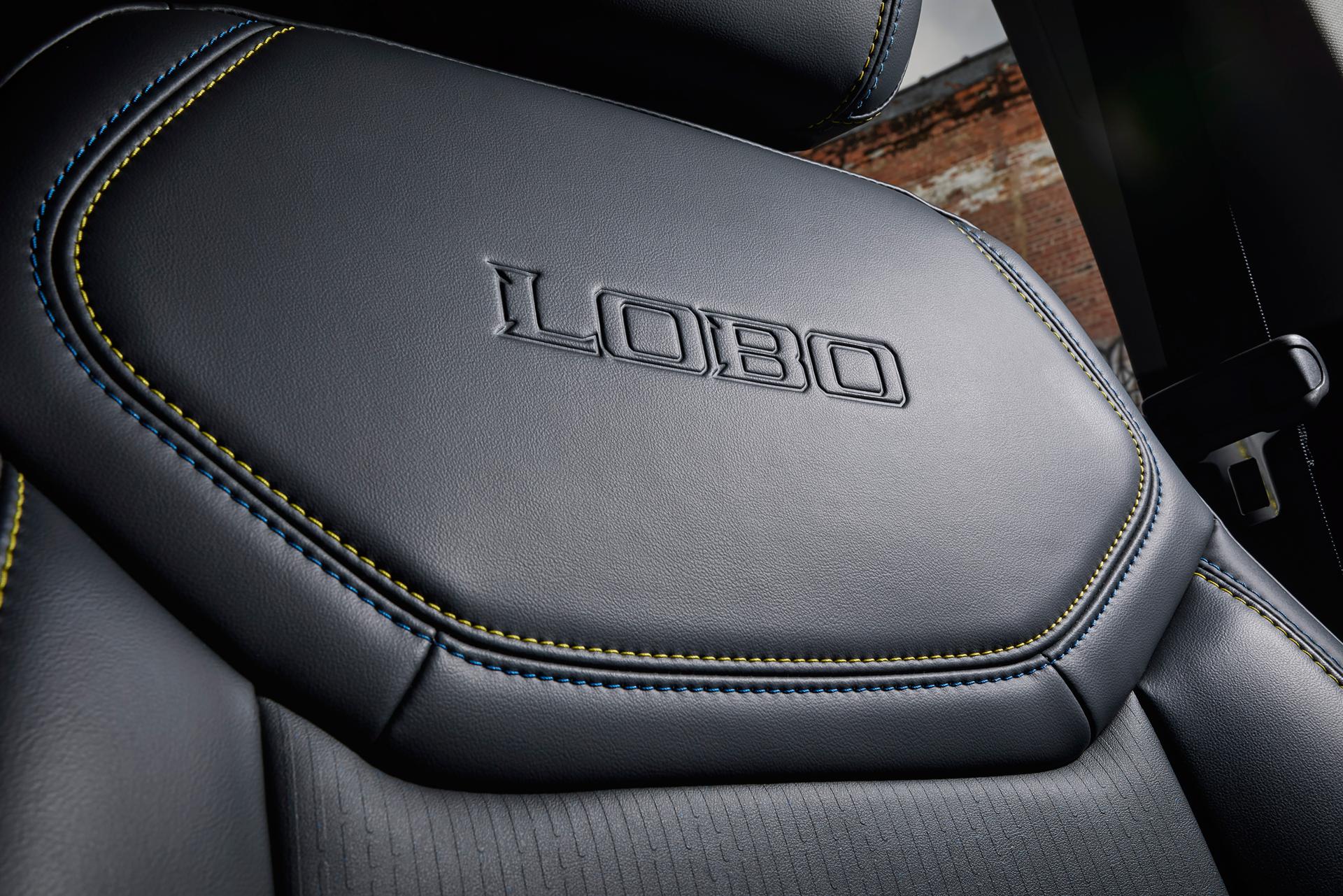 Close-up of a 2026 Ford Maverick Lobo™ seat back showing the embossed logo