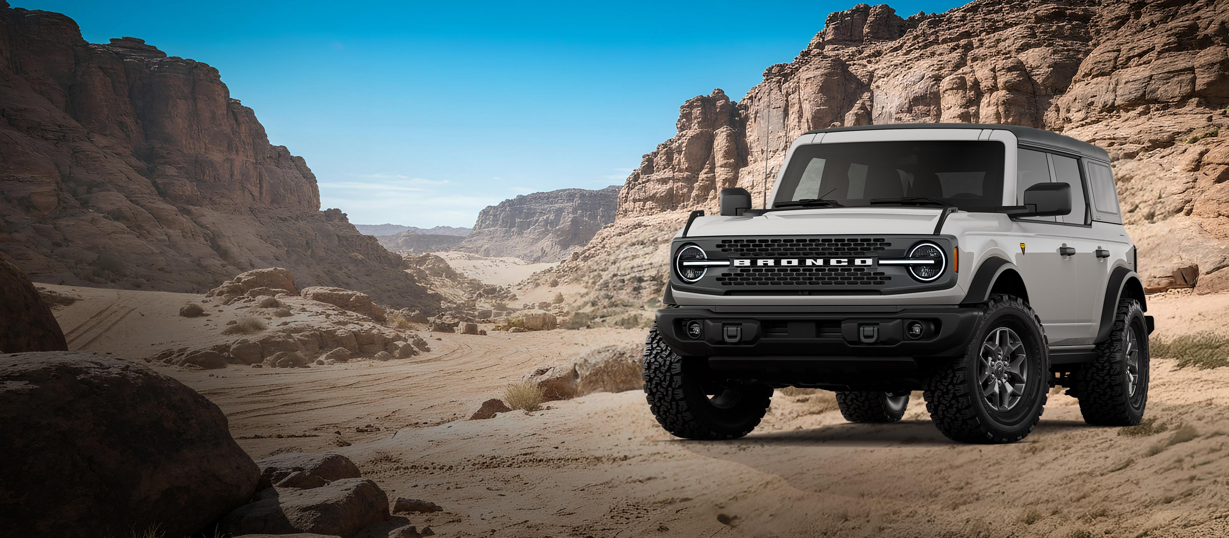 A 2026 Ford Bronco® Badlands model shown in Avalanche Gray parked on a rocky expanse