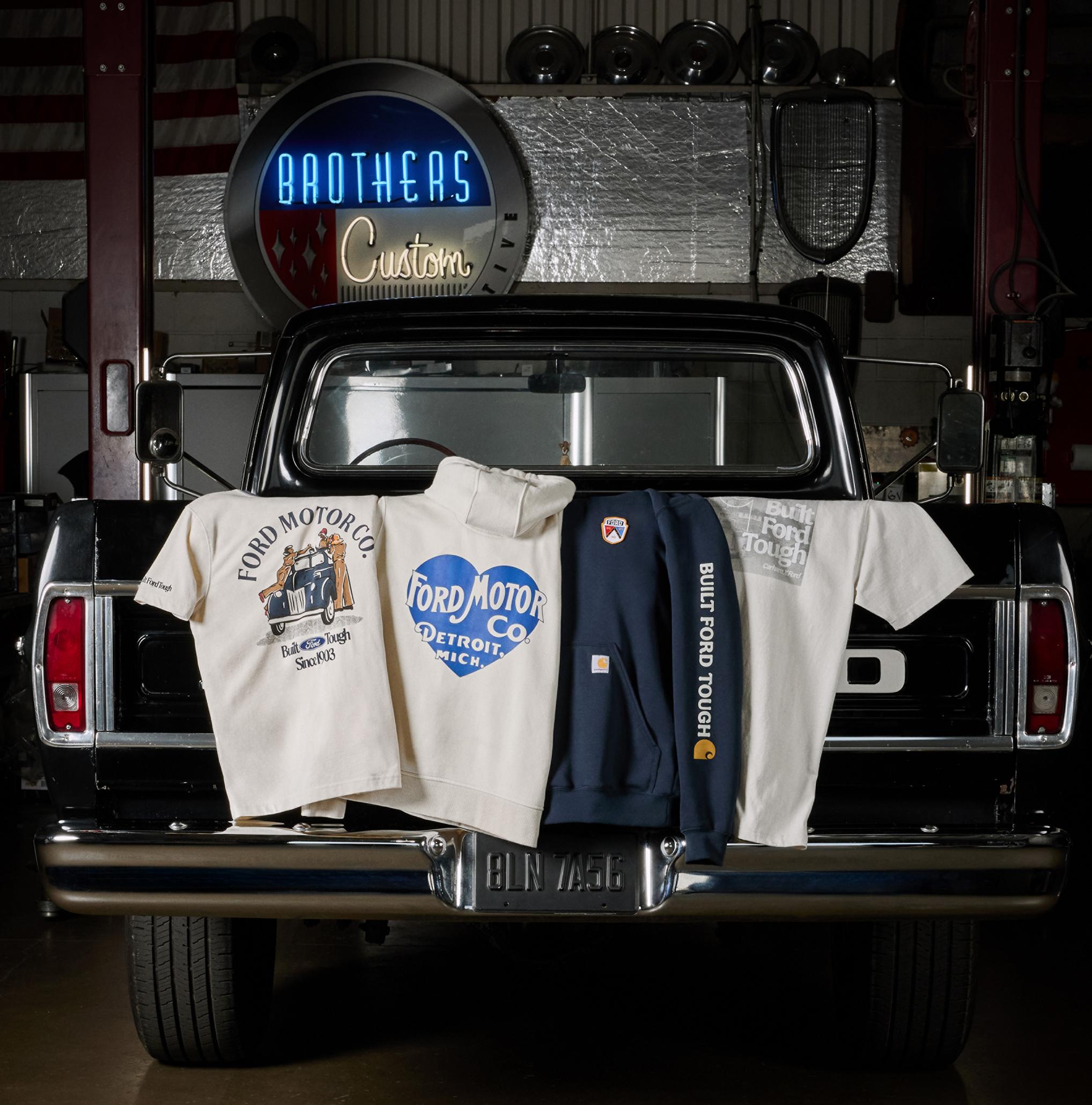 Carhartt® and Ford branded merchandise hanging on the tailgate of a Ford Super Duty® truck