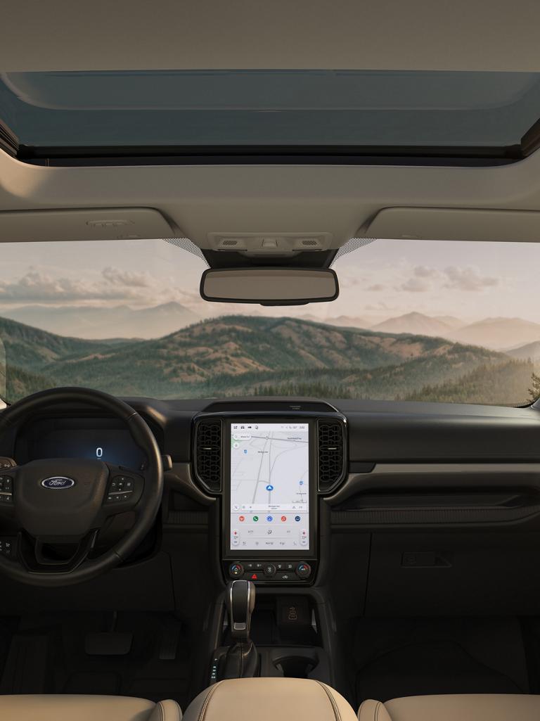 Interior view of the windshield and moonroof inside the 2026 Ford Ranger® Lariat® model in the color Sandstone