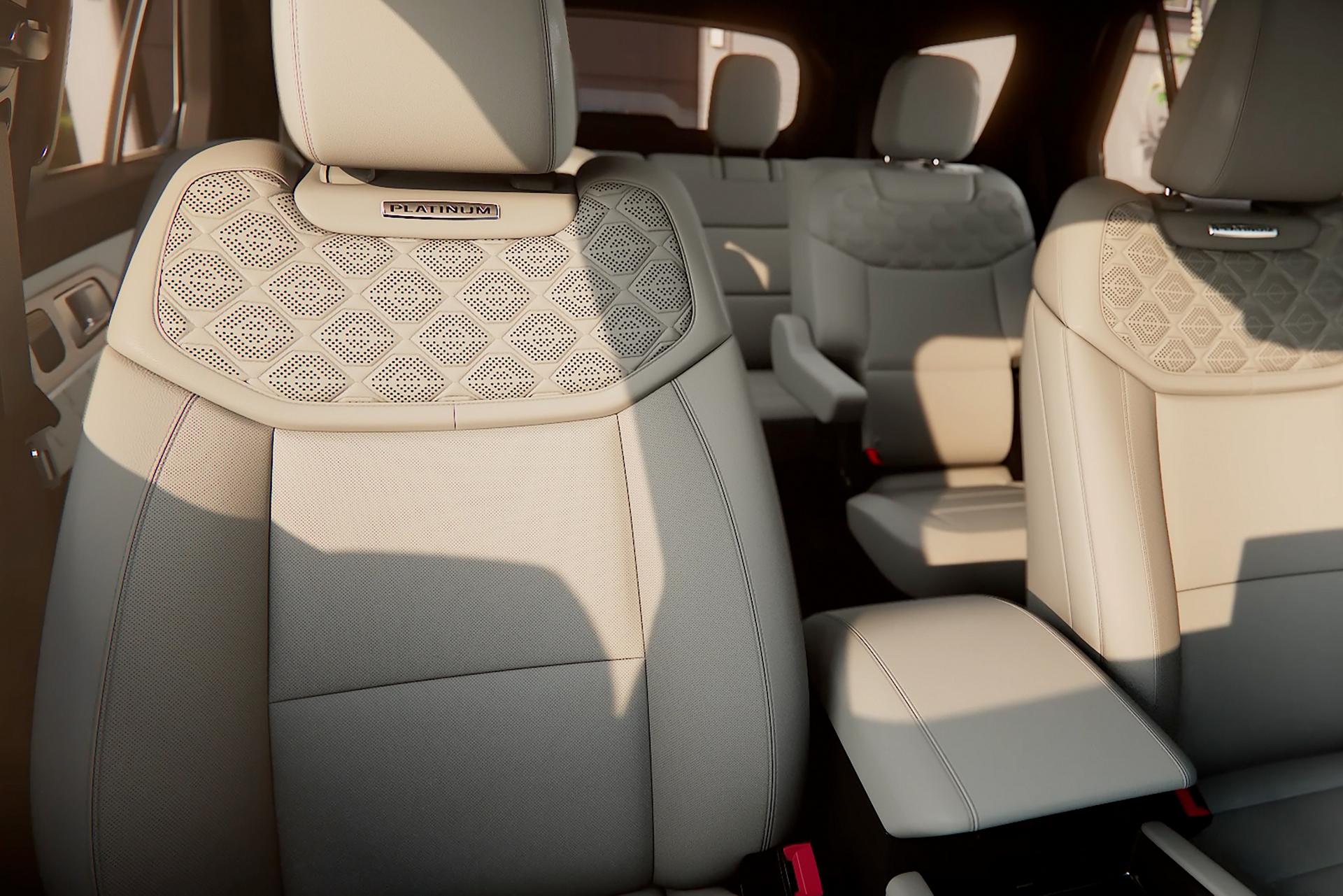 The interior of a 2027 Ford Explorer® Platinum™ SUV with the available Lux Leather Package