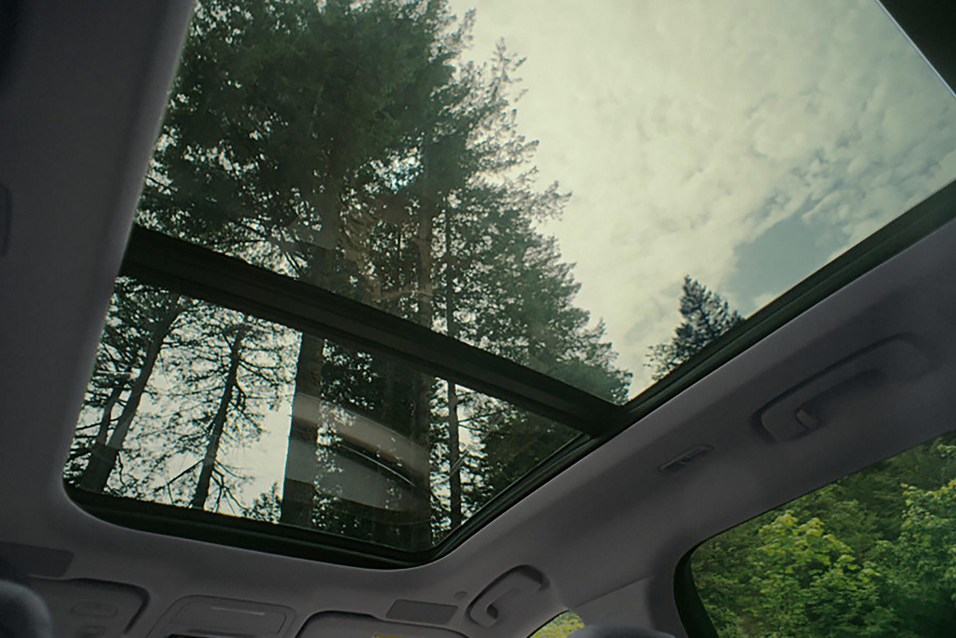 The sky and trees are seen through the panoramic Vista Roof® of a 2026 Lincoln Nautilus® SUV