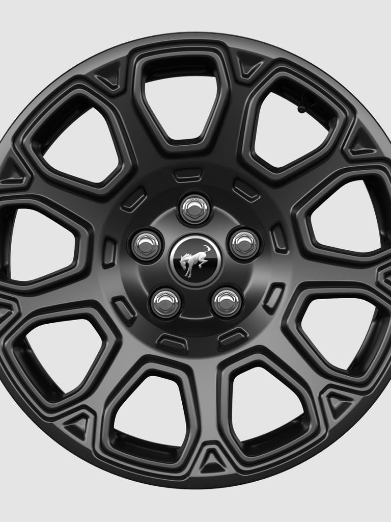17" matte black-painted aluminum wheels on white background