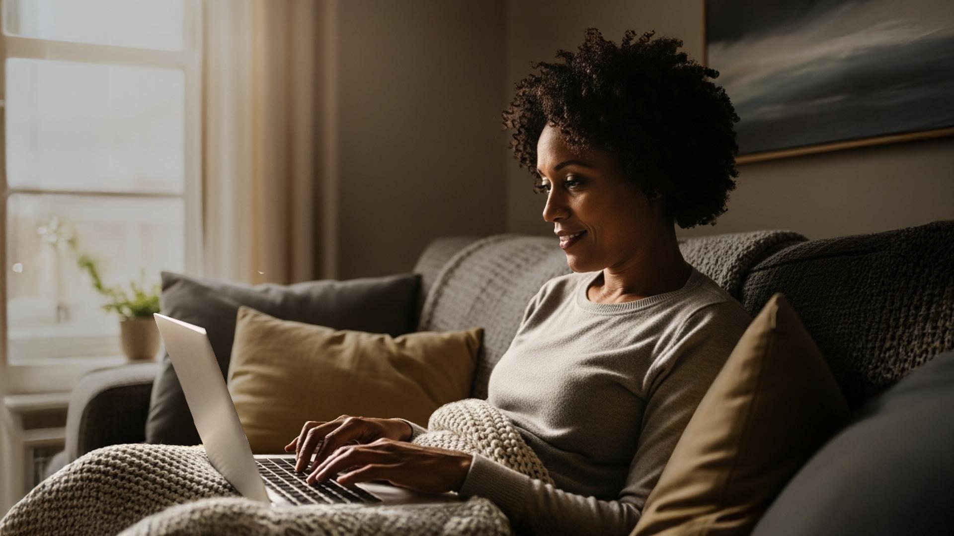 A woman sitting on her couch uses her laptop computer