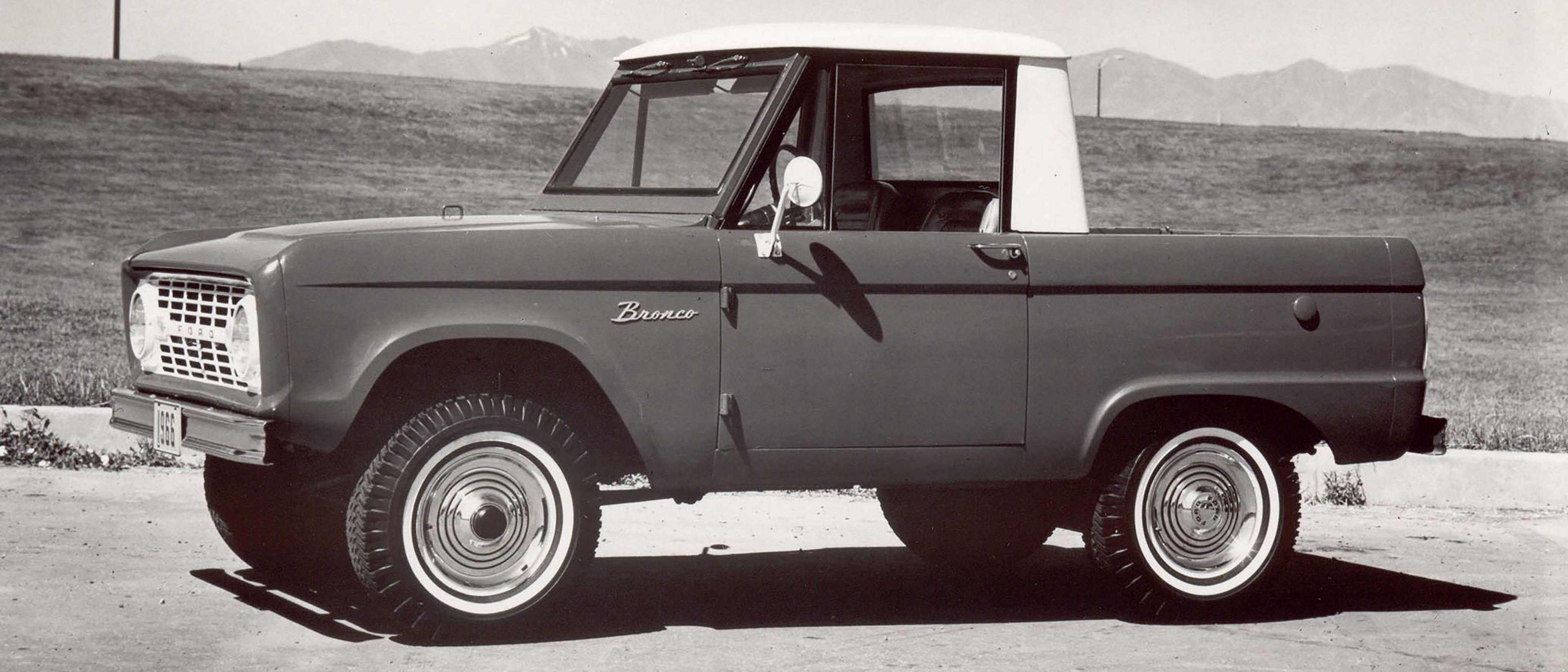 A black and white photo of the original Ford Bronco® Sport Utility model
