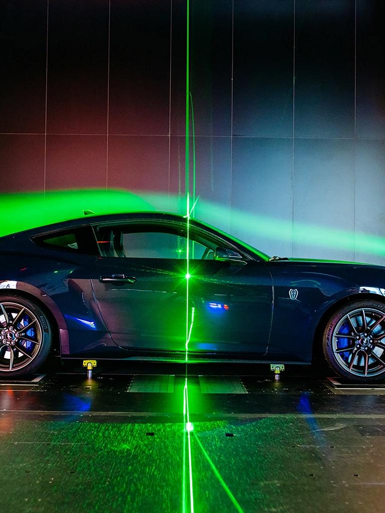 A Ford Mustang Dark Horse in a wind tunnel