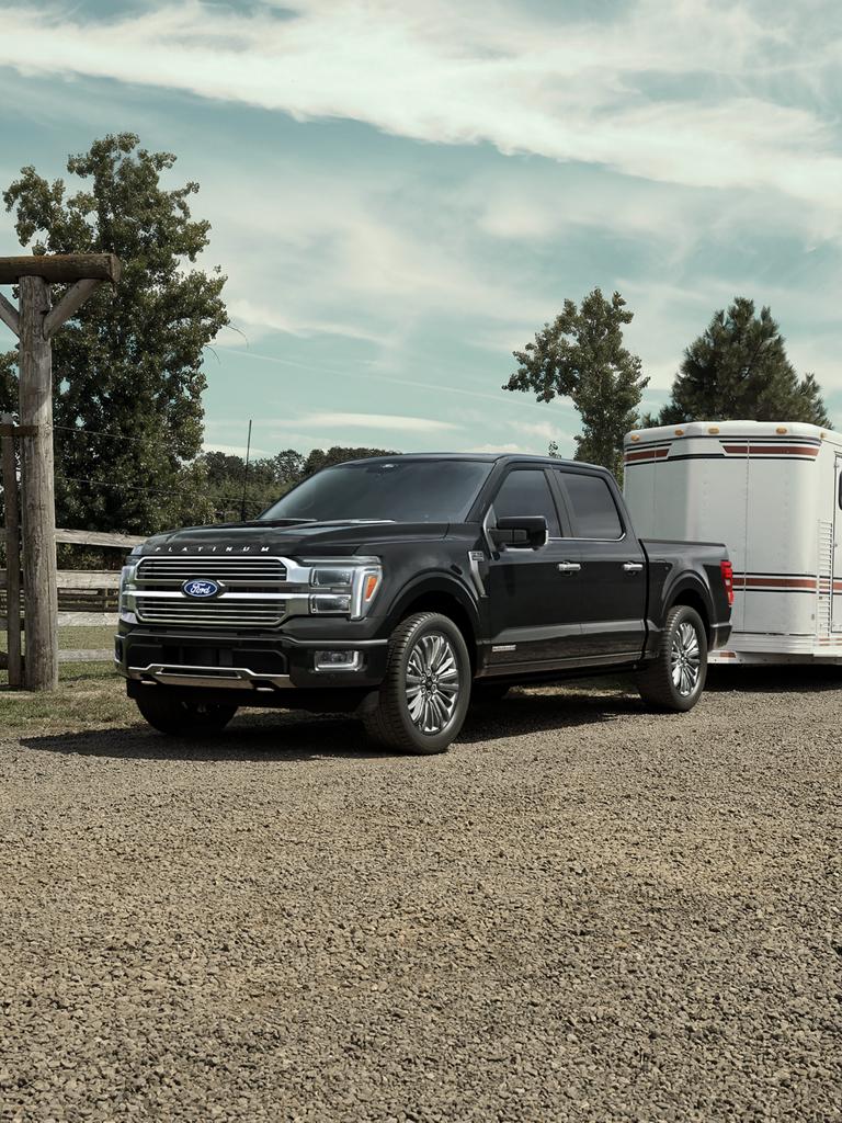 2026 Ford F-150® XLT pickup in Agate Black hitched to horse trailer