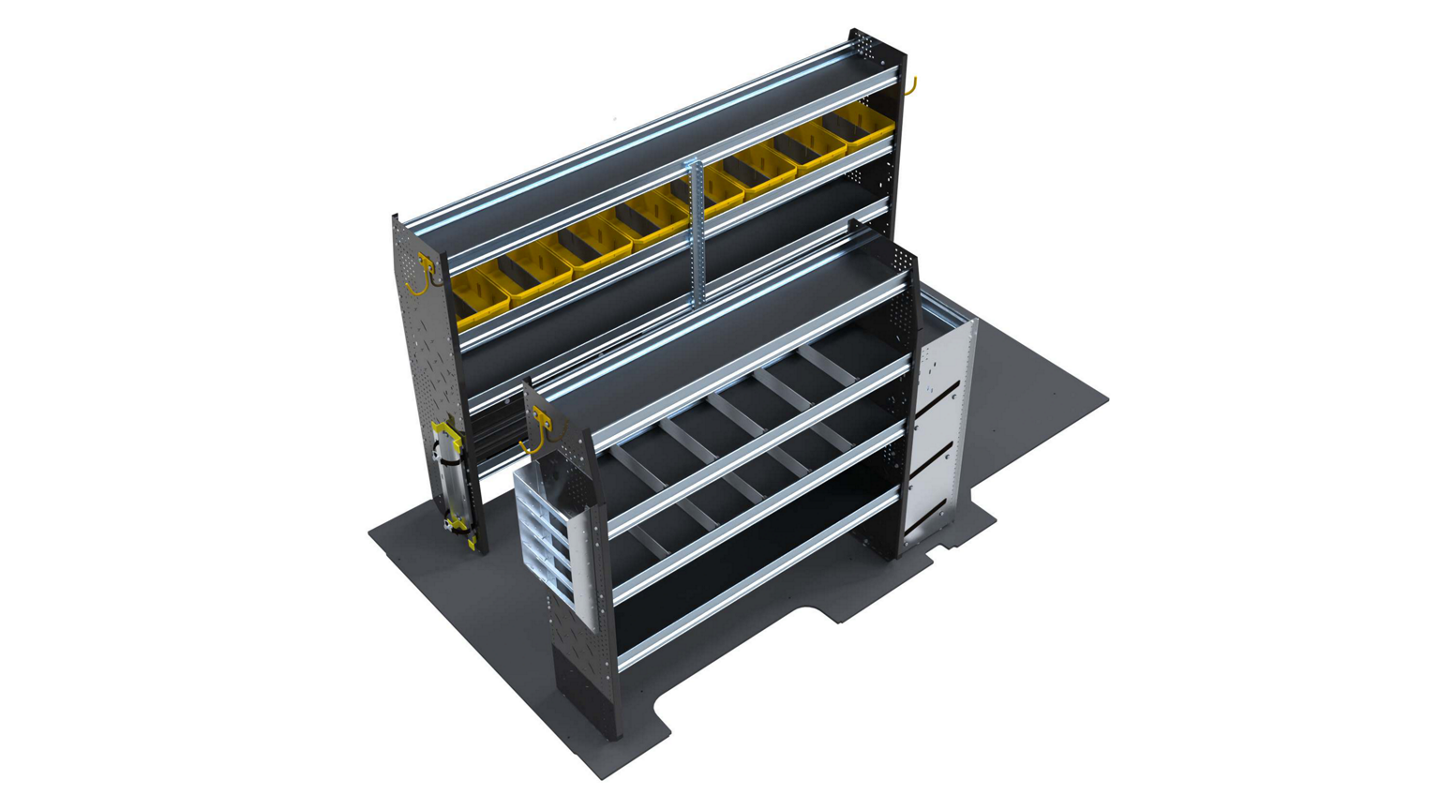 Available trade shelving package designed for HVAC professionals for the 2025 Ford E-Transit™ van