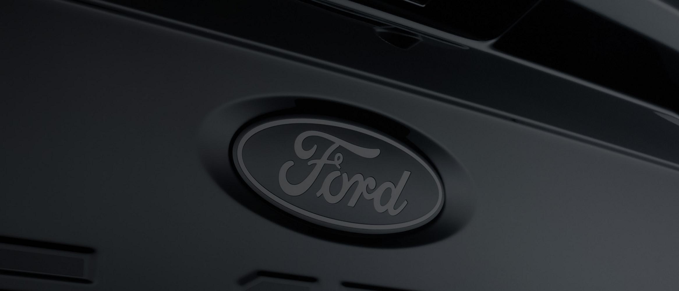 The Ford oval badging on the grille of a Ford vehicle