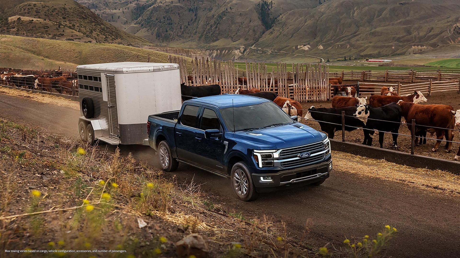 A 2027 Ford F-150® King Ranch® model hitched to a horse trailer