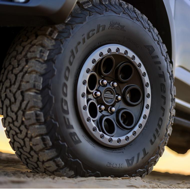 Close-up of the 37-inch wheel and all-terrain tires of a 2026 Ford F-150® Raptor® truck
