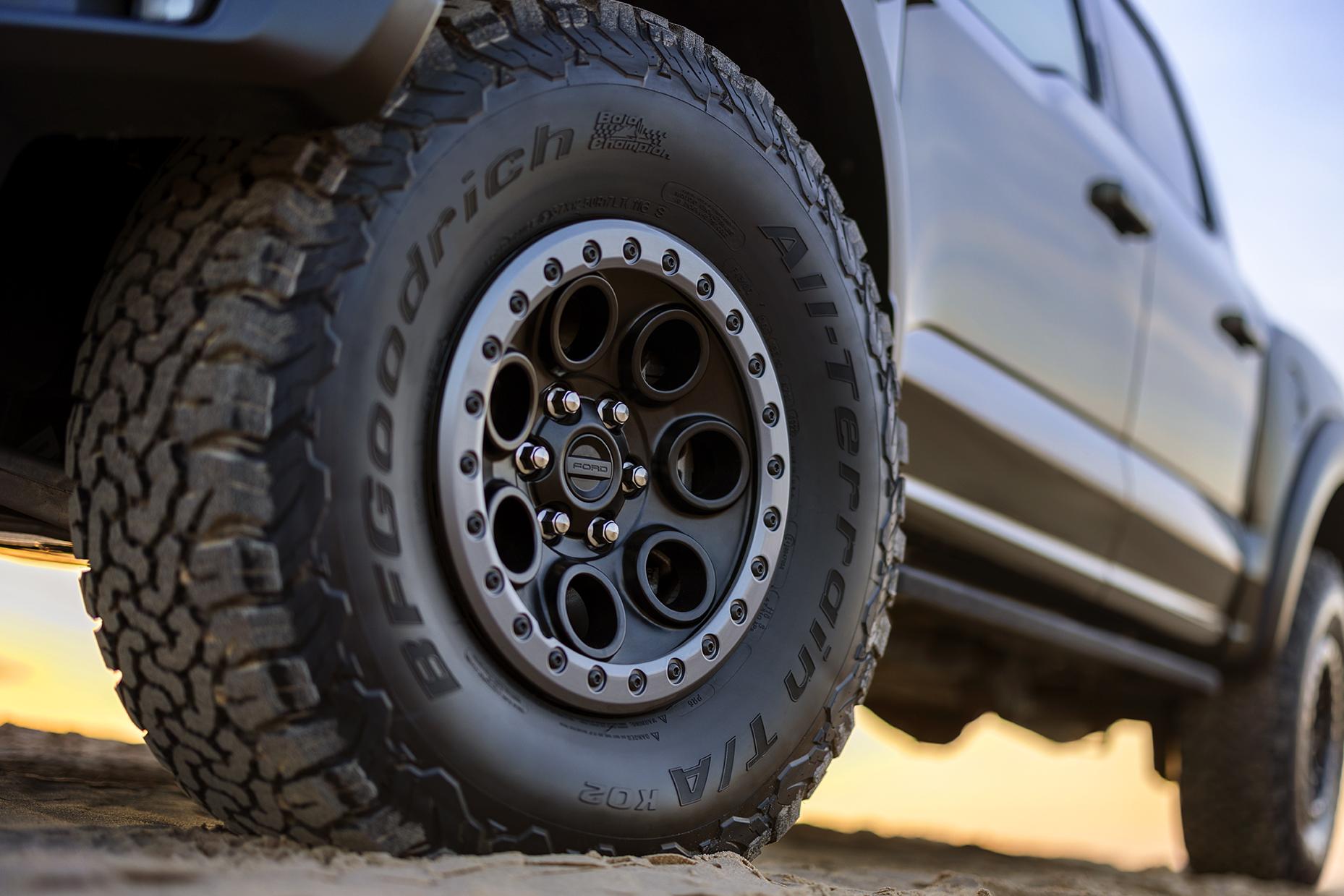 Close-up of the 37-inch wheel and all-terrain tires of a 2026 Ford F-150® Raptor® truck