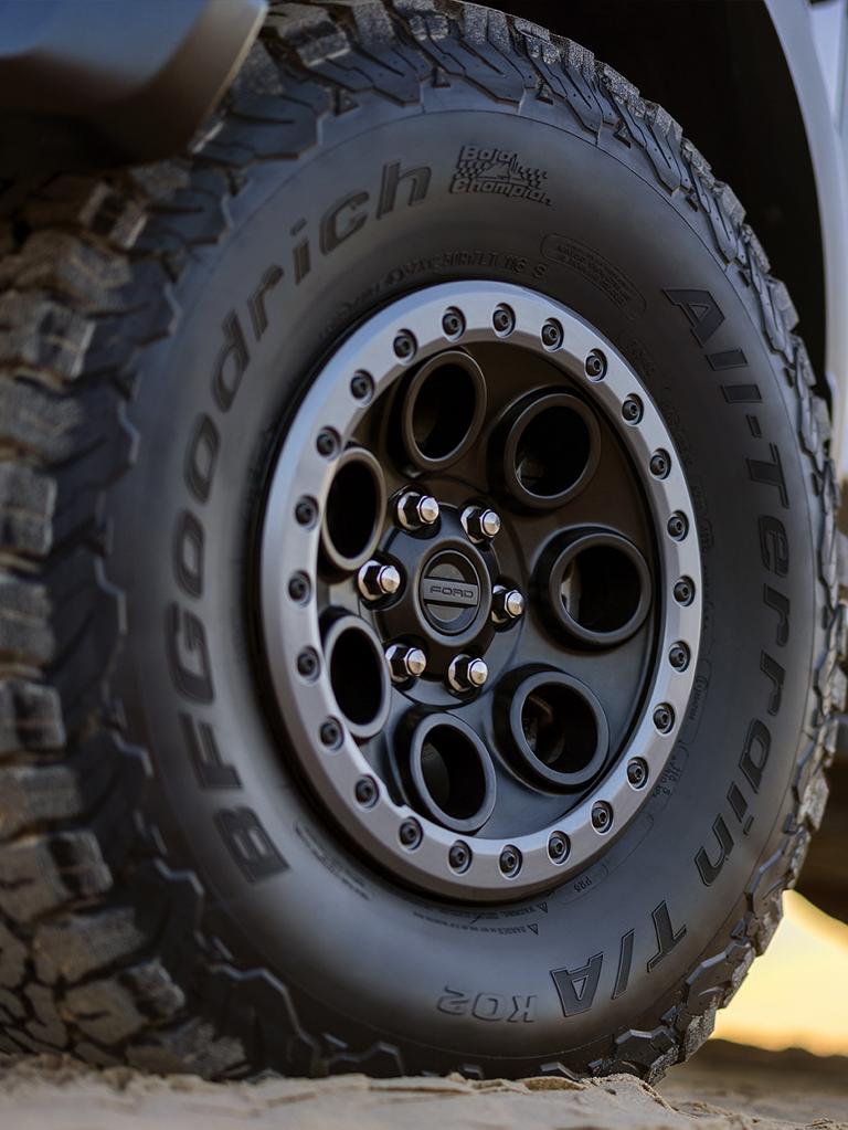 Close-up of the 37-inch wheel and all-terrain tires of a 2026 Ford F-150® Raptor® truck