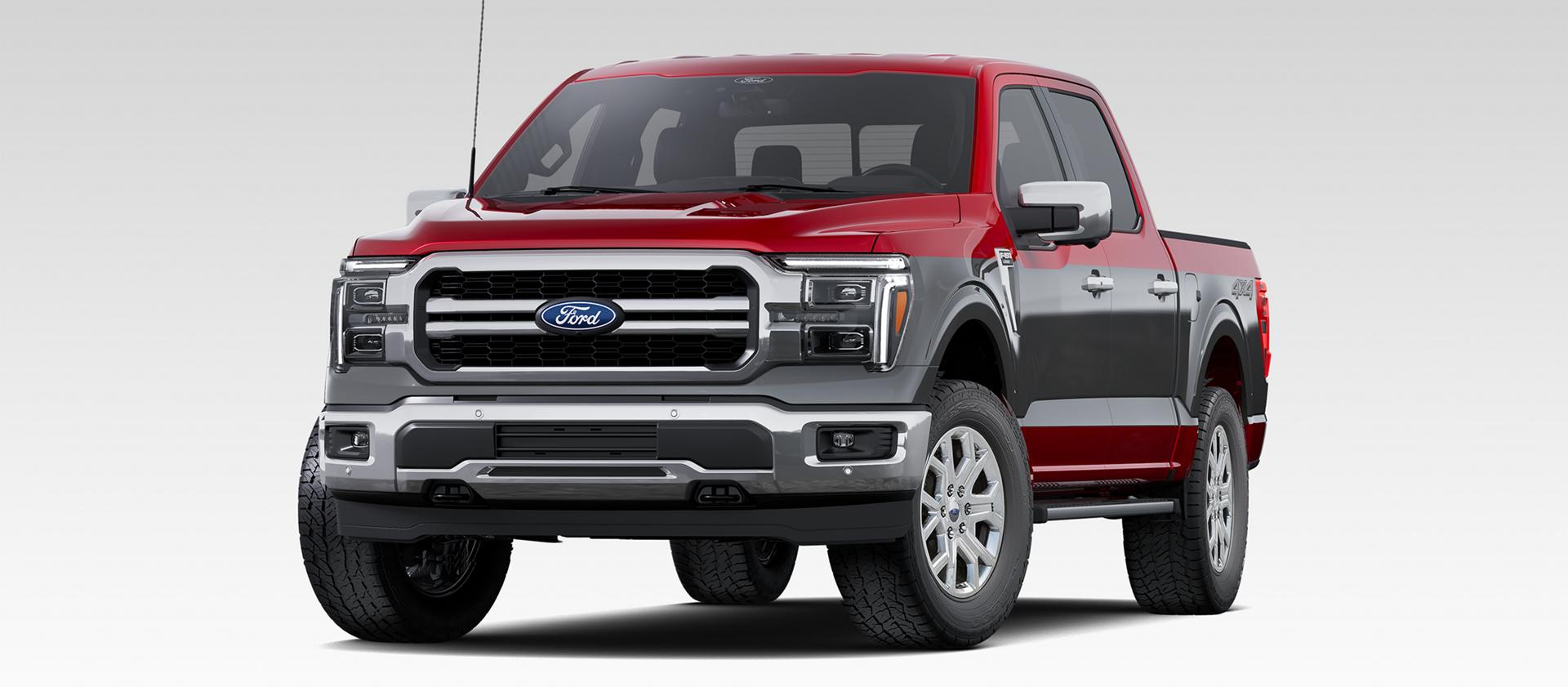 Front driver-side view of a Ford 2027 F-150® Two-Tone Package with Carbonized Gray and red exterior accents