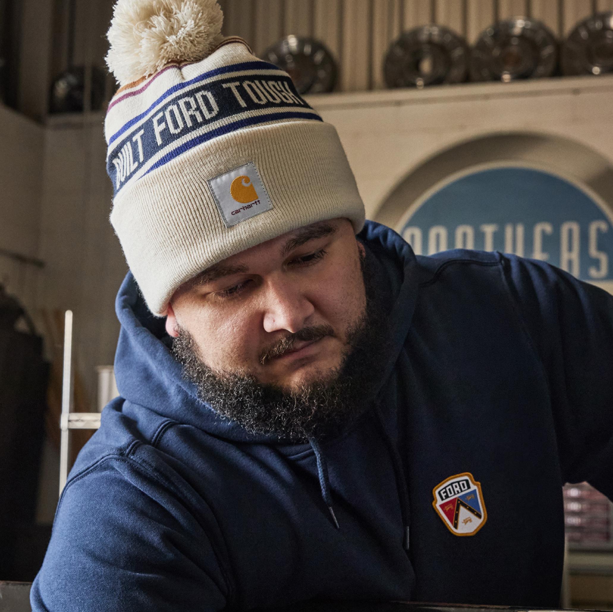 Person wearing the Carhartt® and Ford branded winter hat