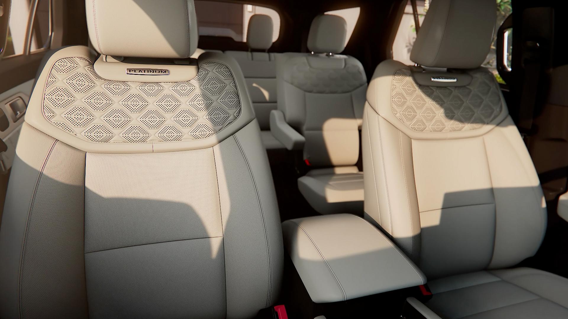 The interior of a 2027 Ford Explorer® Platinum™ SUV with the available Lux Leather Package