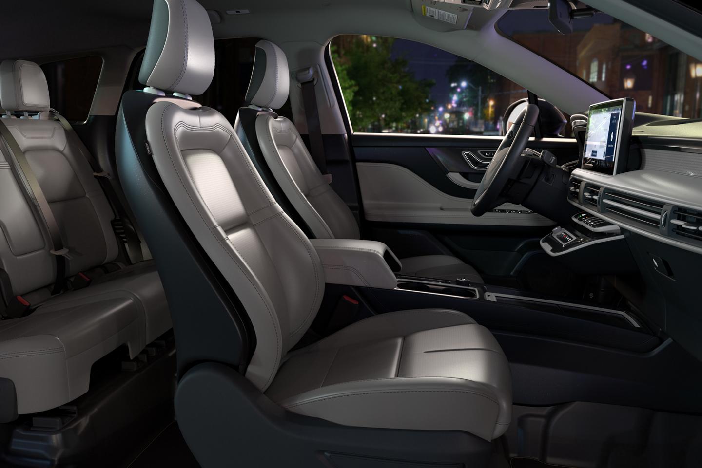 A detailed view of the Soft Touch fabric, 10-way front passenger seat of a 2025 Lincoln Corsair premiere model