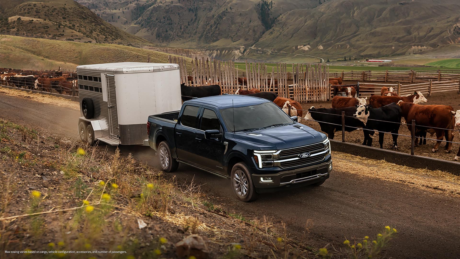 A 2026 Ford F-150® King Ranch® model hitched to a horse trailer