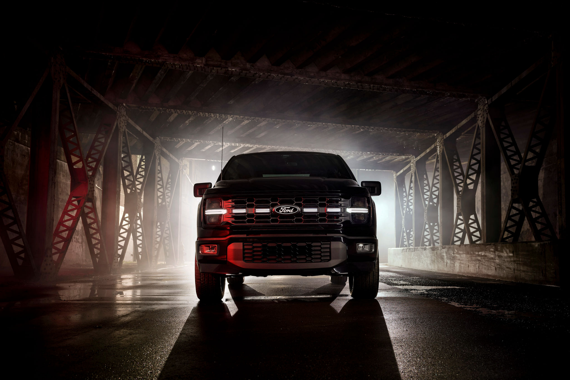 2026 Ford F-150® STX® model with available F-150 Lobo™ Package in a foggy, city setting