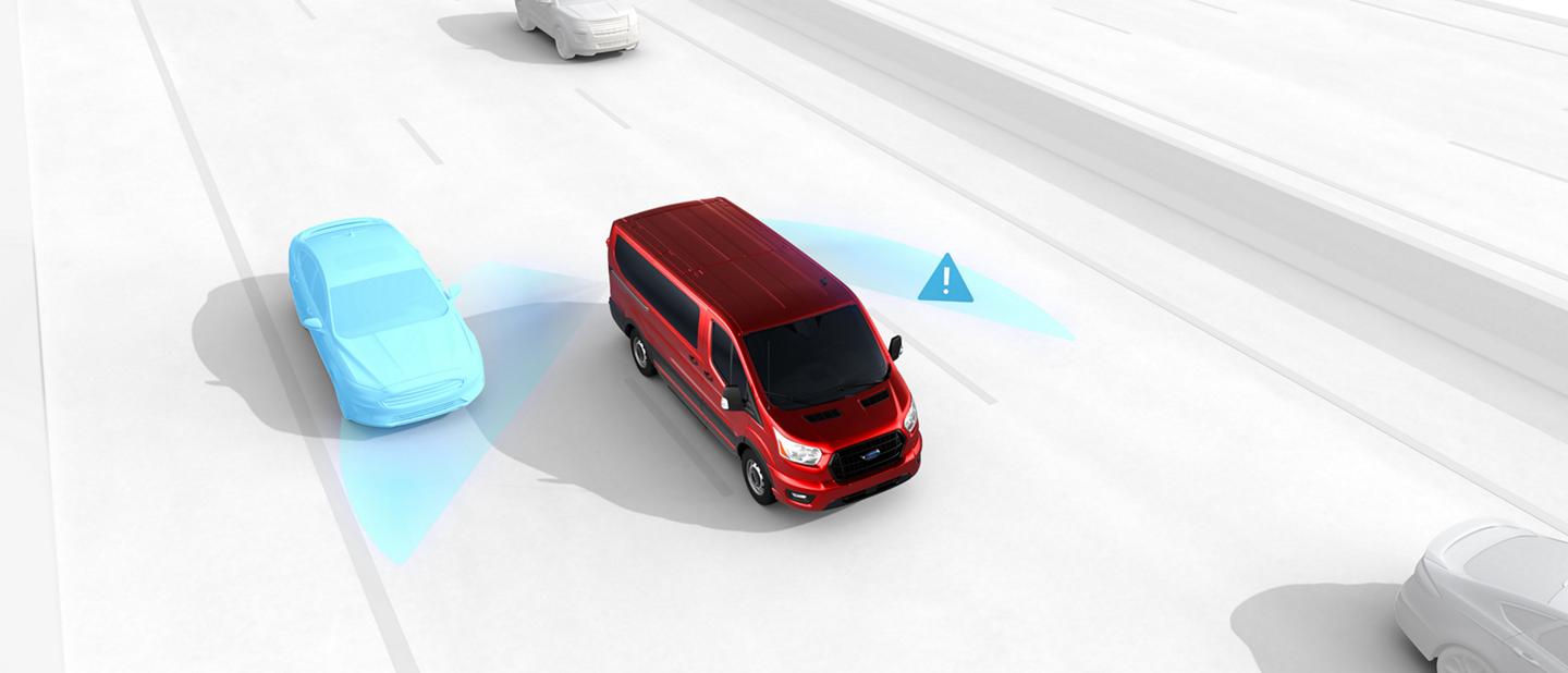 Illustration of a 2025 Ford Transit® van detecting a vehicle in a blind spot