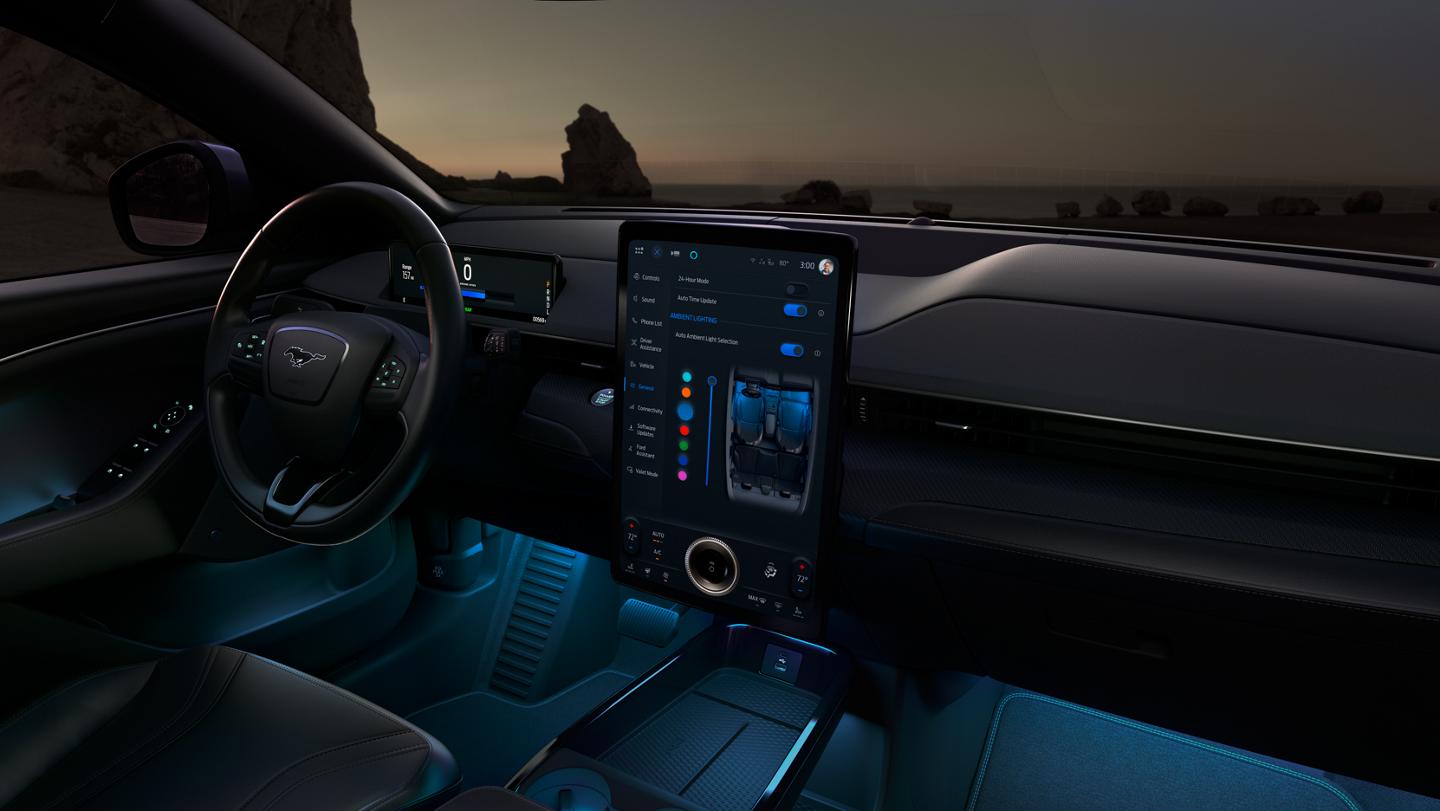 The interior of a Ford Mustang Mach-E, showing a screen displaying a SYNC 4A menu for the color of the vehicle's ambient lighting.